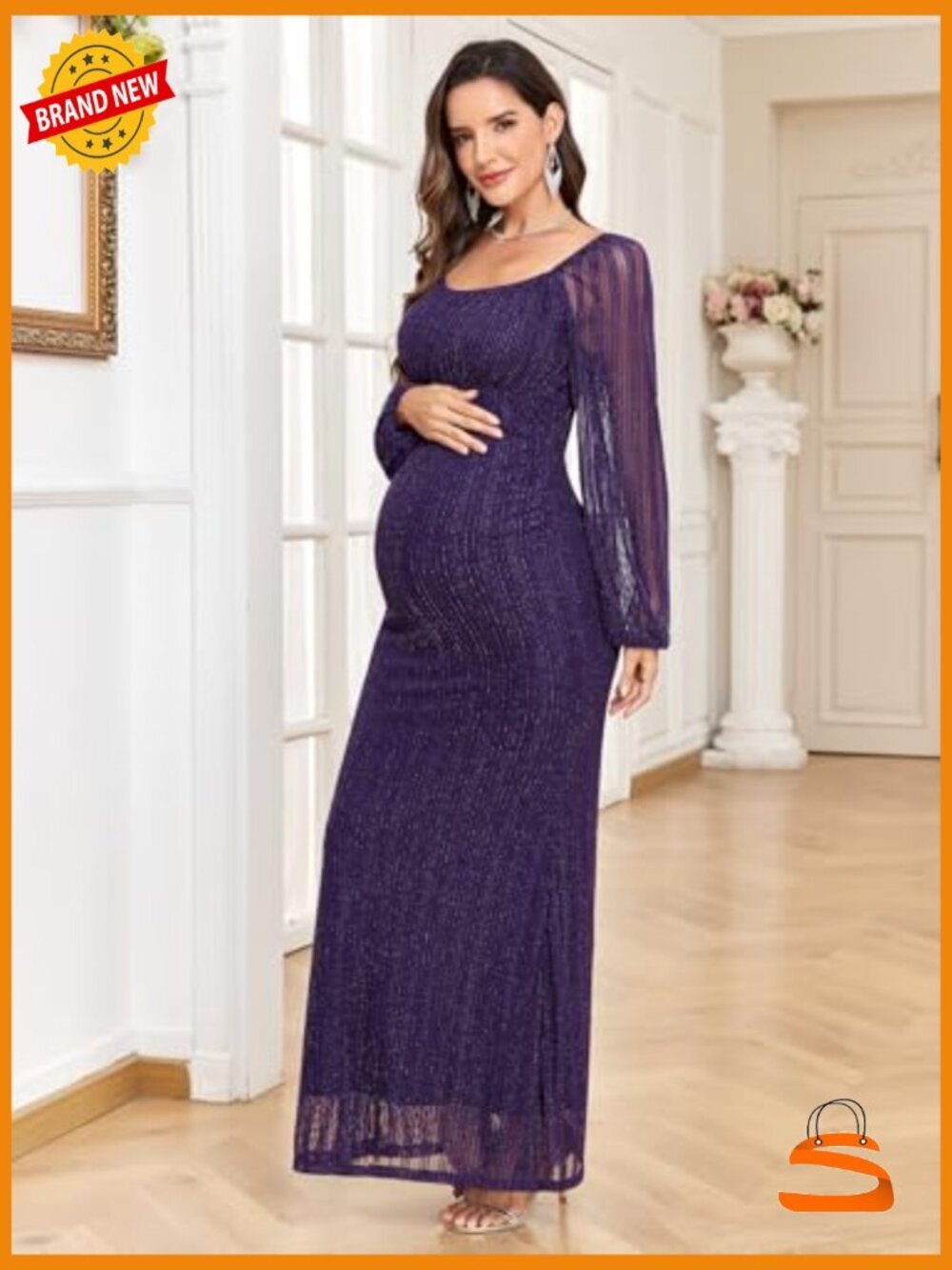 Sparkly Mesh Maternity Dress Long Sleeve Square Neck Maxi - Picture 5 of 7